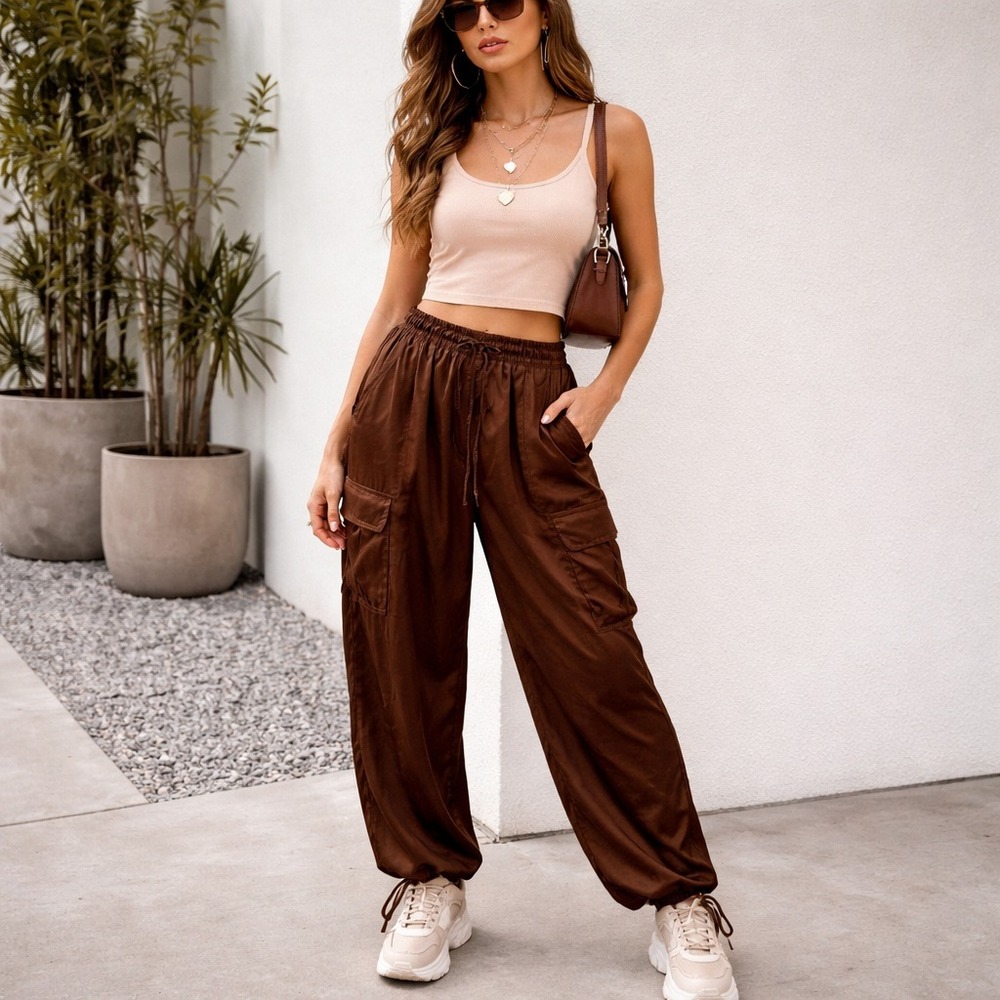PINK Victorias Secret Parachute Pants Womens L Brown Satin Cargo Y2K Streetwear
